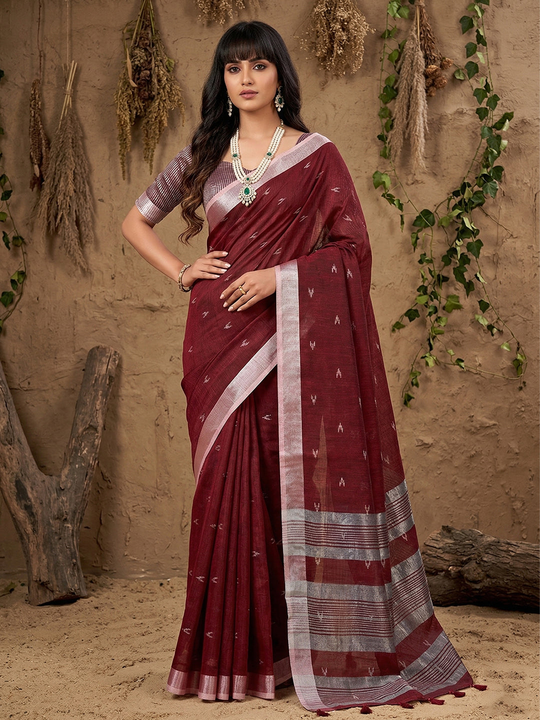 Anaita Maroon Linen Cotton Zari Work Saree With Blouse | Grocsy
