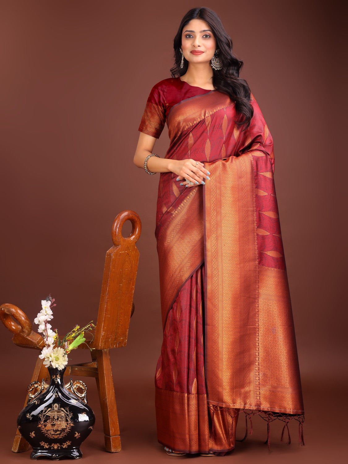 Anaita Maroon Banarasi Silk Woven Saree With Blouse | Grocsy