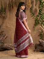 Anaita Maroon Linen Cotton Zari Work Saree With Blouse | Grocsy