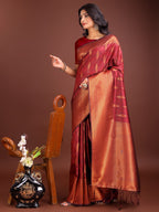Anaita Maroon Banarasi Silk Woven Saree With Blouse | Grocsy