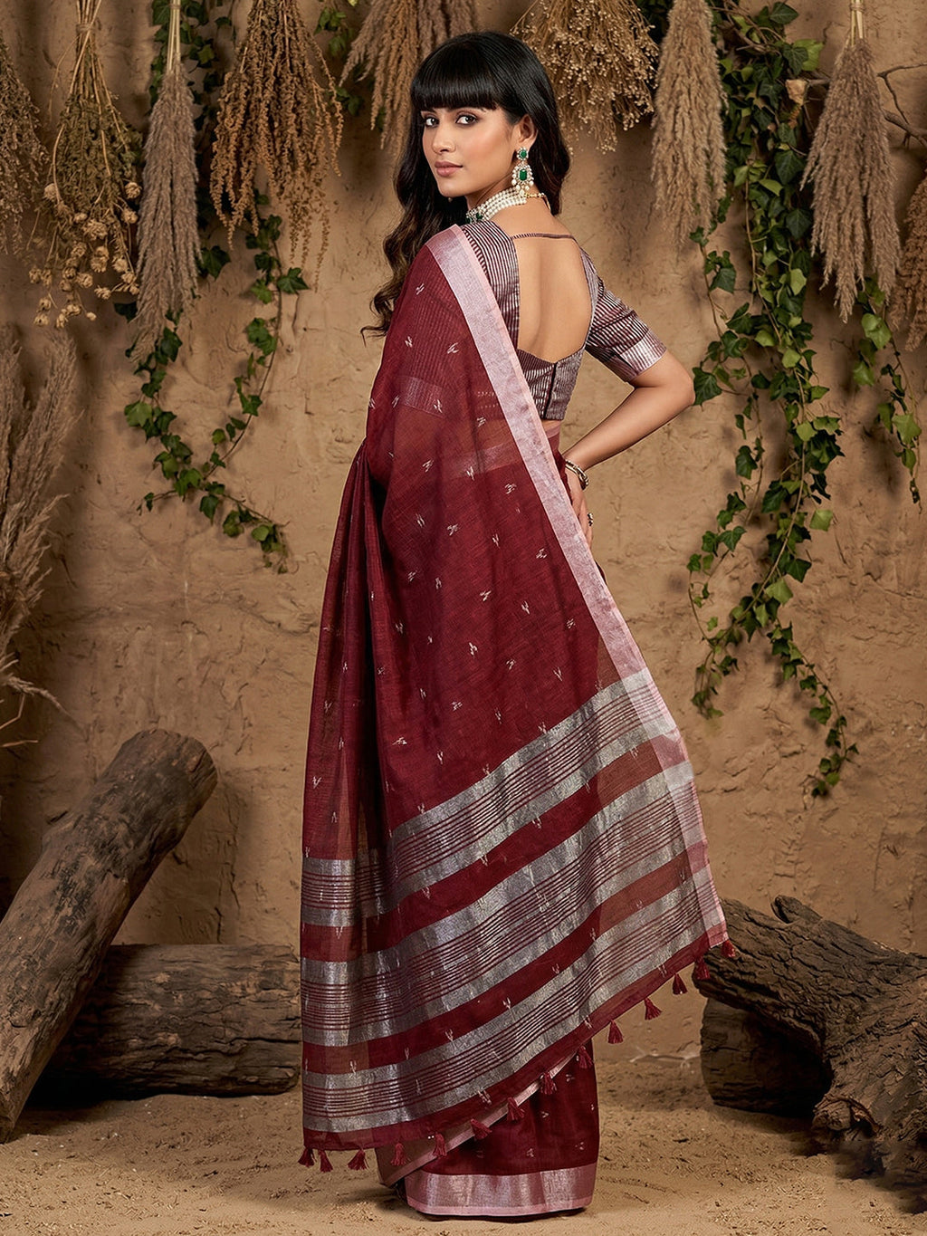 Anaita Maroon Linen Cotton Zari Work Saree With Blouse | Grocsy