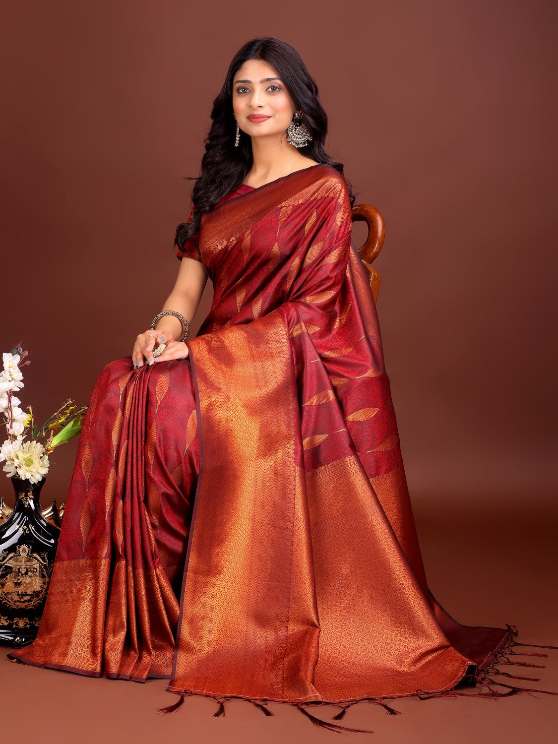 Anaita Maroon Banarasi Silk Woven Saree With Blouse | Grocsy
