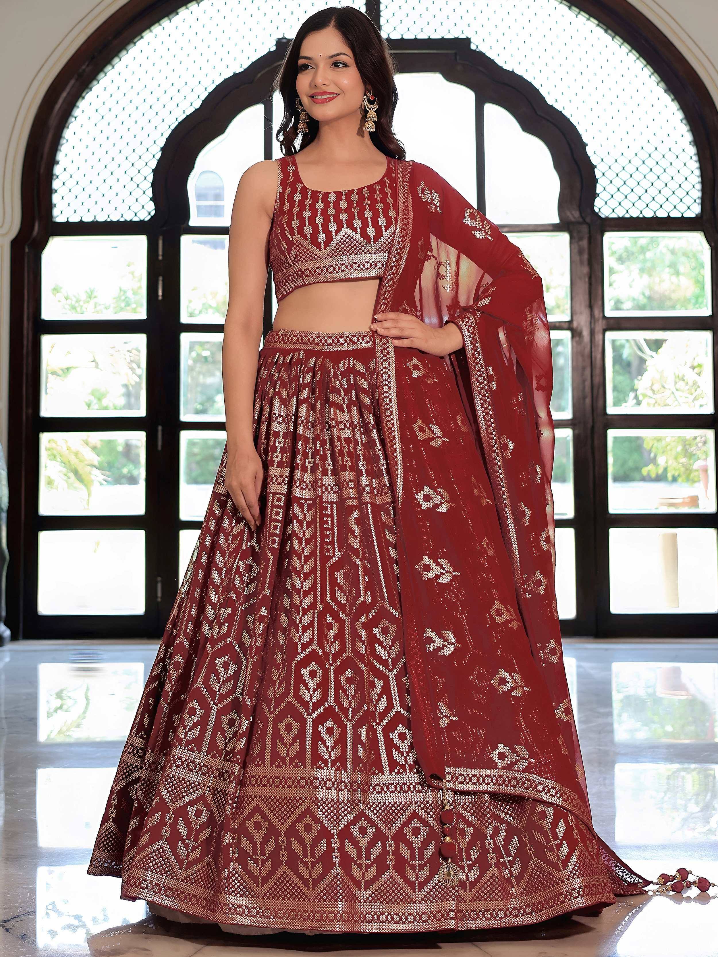Tulsi Art Elegant Maroon Georgette Embroidered Lehenga Choli With Dupatta | Grocsy