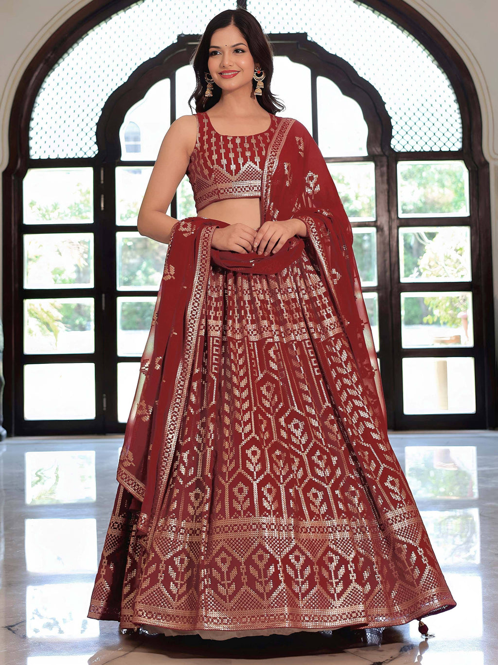 Tulsi Art Elegant Maroon Georgette Embroidered Lehenga Choli With Dupatta | Grocsy