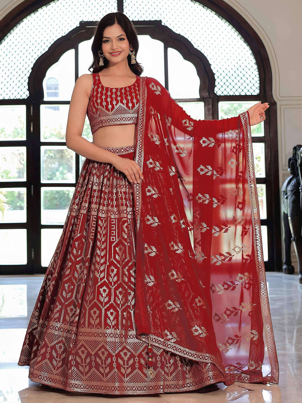 Tulsi Art Elegant Maroon Georgette Embroidered Lehenga Choli With Dupatta | Grocsy