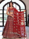 Tulsi Art Elegant Maroon Georgette Embroidered Lehenga Choli With Dupatta | Grocsy
