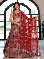 Tulsi Art Elegant Maroon Georgette Embroidered Lehenga Choli With Dupatta | Grocsy