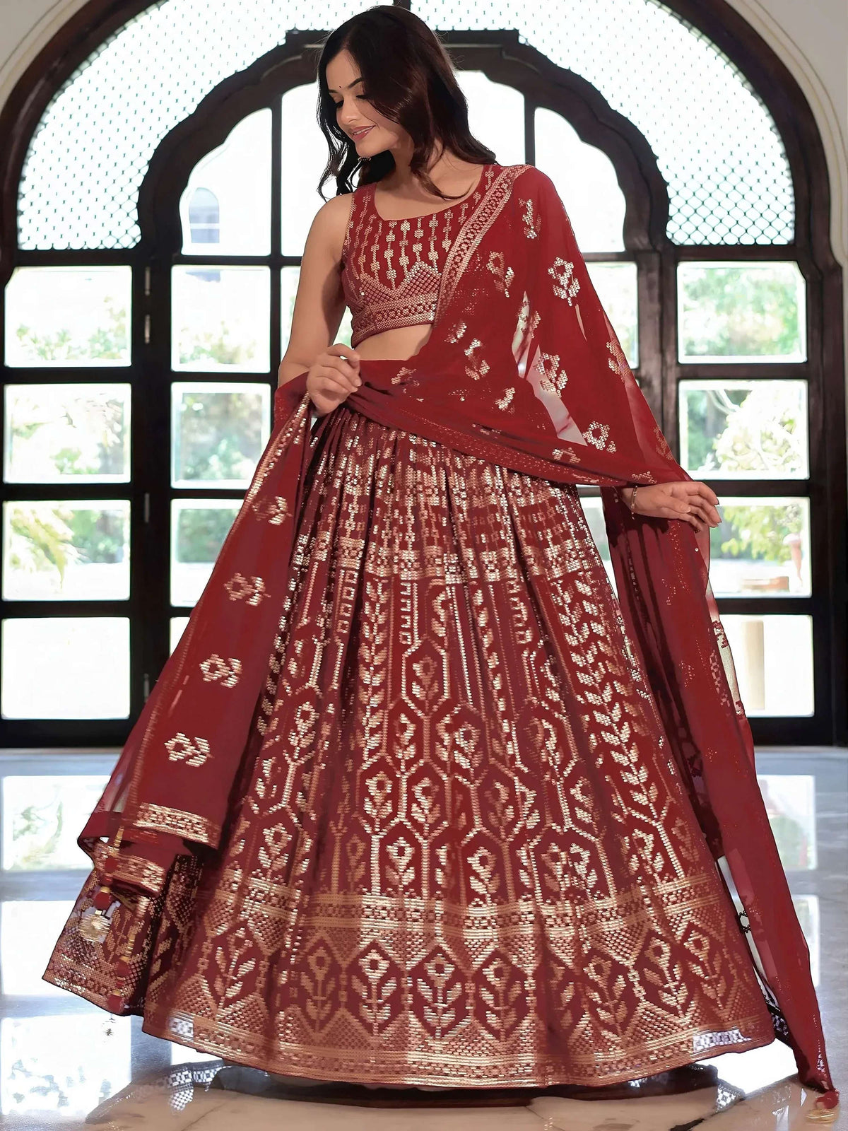 Tulsi Art Elegant Maroon Georgette Embroidered Lehenga Choli With Dupatta | Grocsy