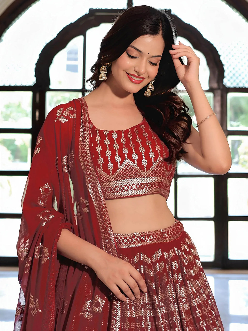 Tulsi Art Elegant Maroon Georgette Embroidered Lehenga Choli With Dupatta | Grocsy