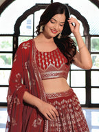 Tulsi Art Elegant Maroon Georgette Embroidered Lehenga Choli With Dupatta | Grocsy