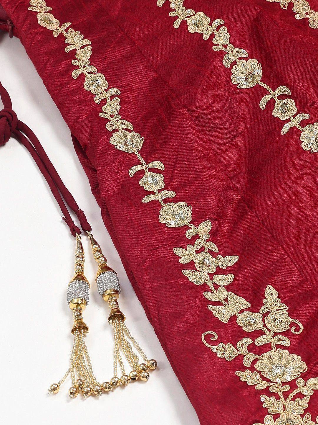 Tulsi Art Maroon & Golden Semi-Stitched Myntra Wedding Lehenga & Unstitched Blouse With Dupatta | Grocsy