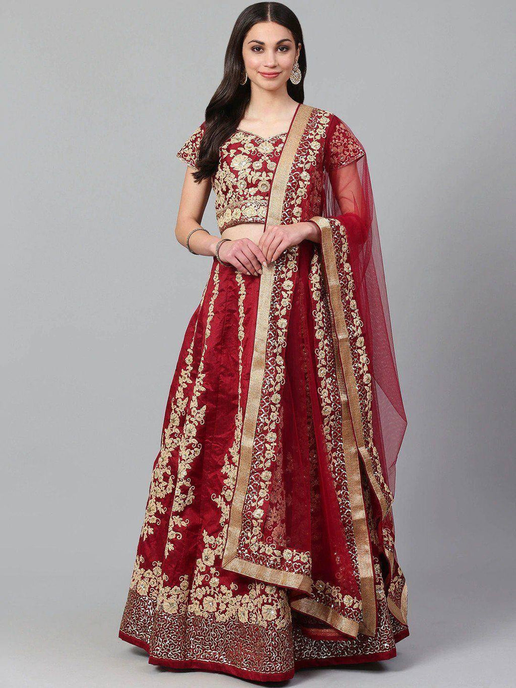 Tulsi Art Maroon & Golden Semi-Stitched Myntra Wedding Lehenga & Unstitched Blouse With Dupatta | Grocsy