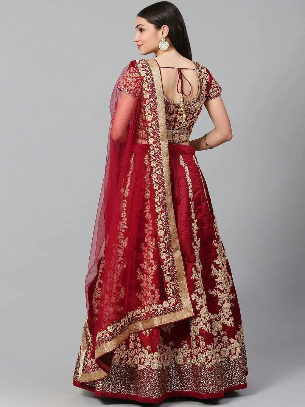 Tulsi Art Maroon & Golden Semi-Stitched Myntra Wedding Lehenga & Unstitched Blouse With Dupatta | Grocsy