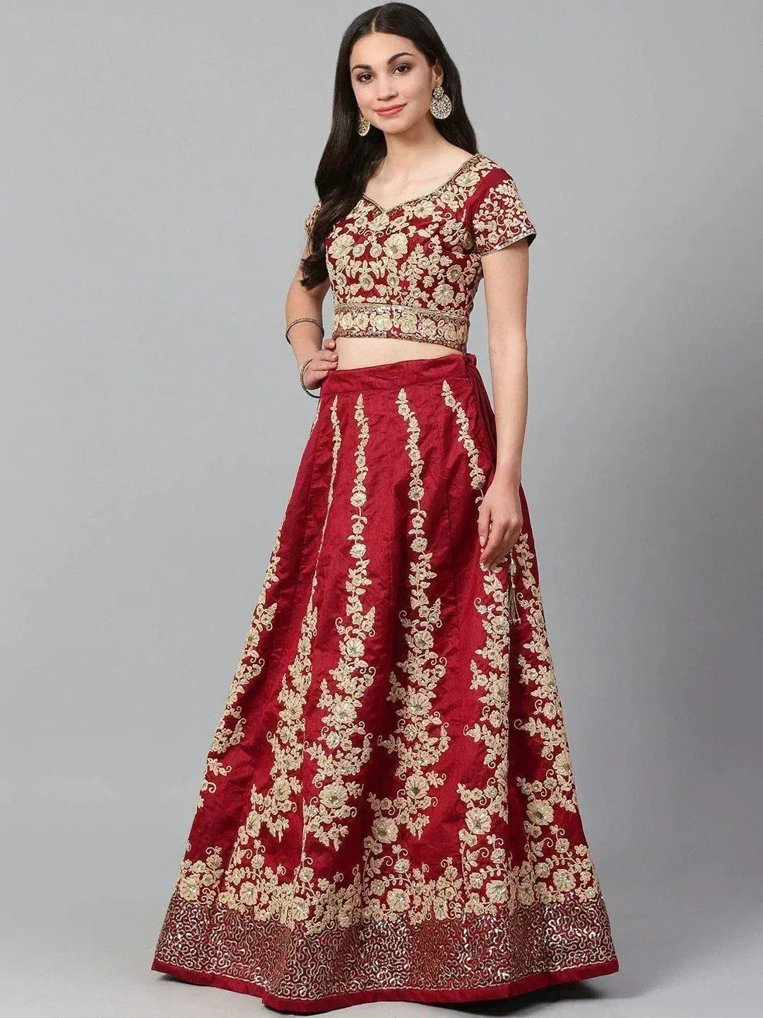 Tulsi Art Maroon & Golden Semi-Stitched Myntra Wedding Lehenga & Unstitched Blouse With Dupatta | Grocsy