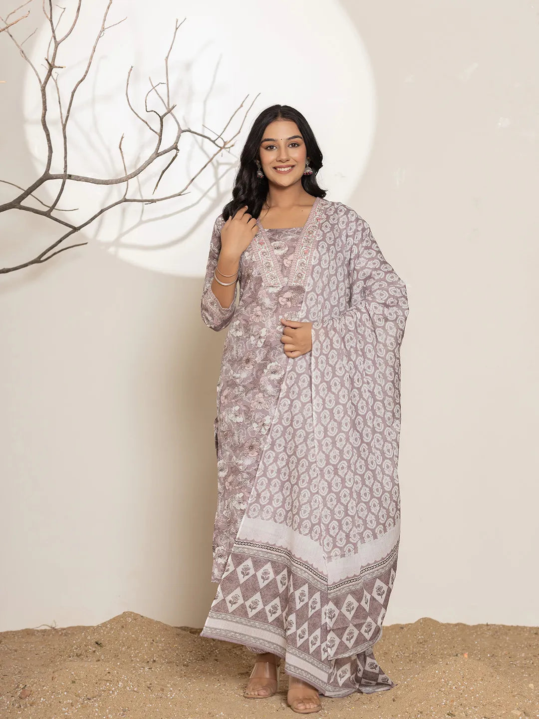 Yufta Mauve Floral Print Cotton Straight Kurta Dupatta Set | Grocsy