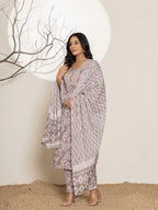 Yufta Mauve Floral Print Cotton Straight Kurta Dupatta Set | Grocsy