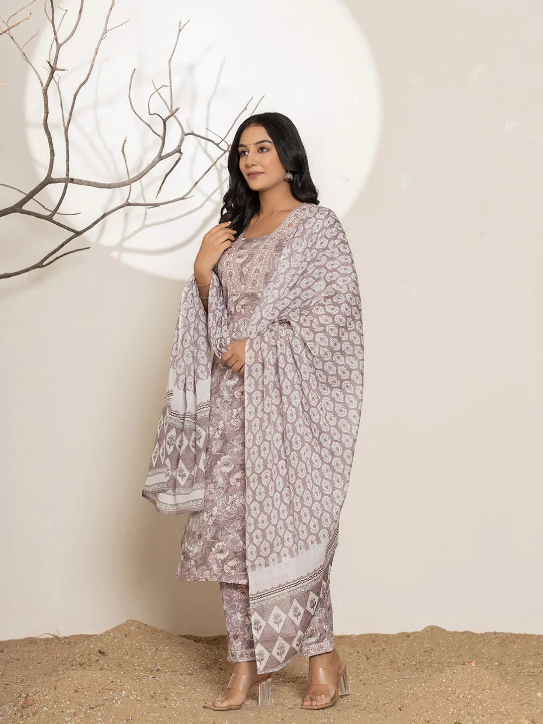 Yufta Mauve Floral Print Cotton Straight Kurta Dupatta Set | Grocsy