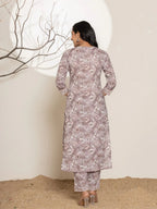 Yufta Mauve Floral Print Cotton Straight Kurta Dupatta Set | Grocsy