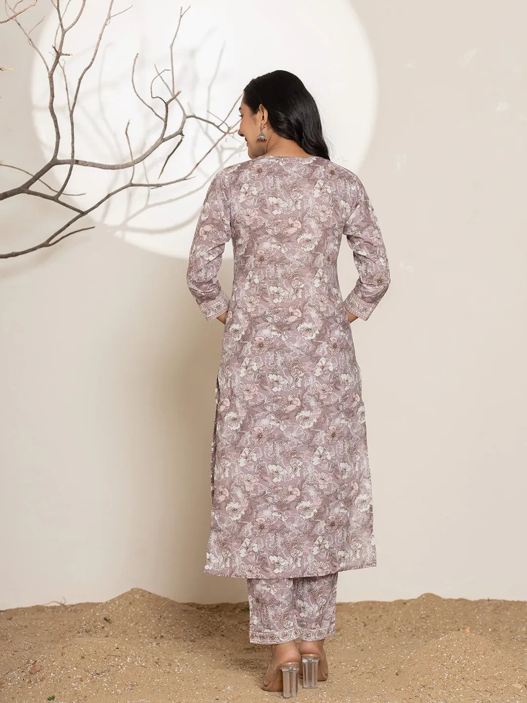 Yufta Mauve Floral Print Cotton Straight Kurta Dupatta Set | Grocsy