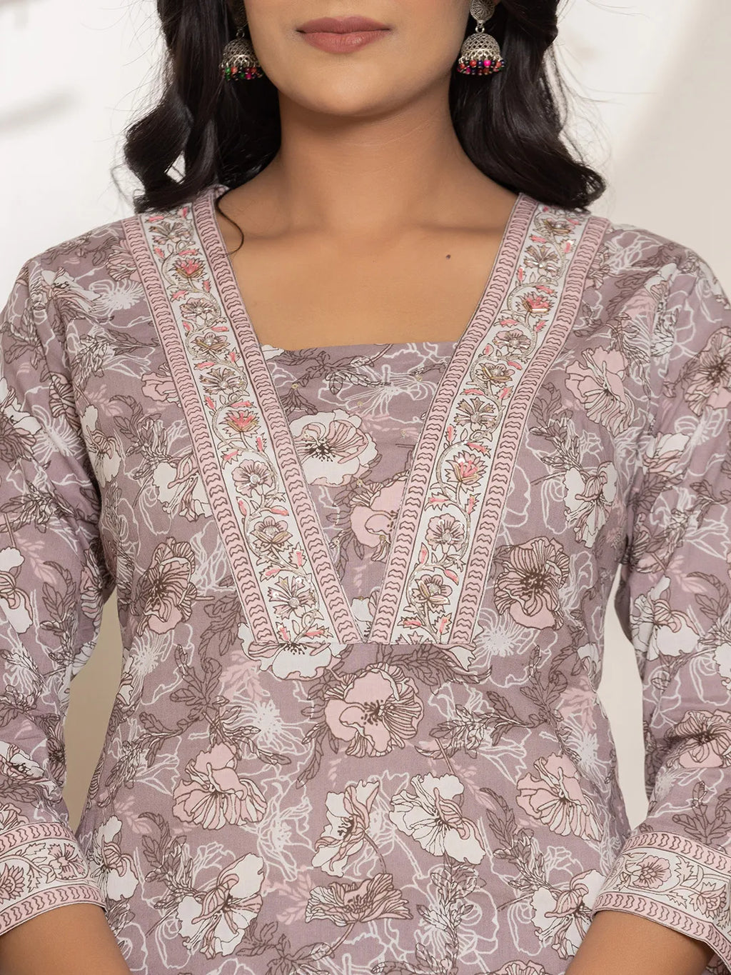 Yufta Mauve Floral Print Cotton Straight Kurta Dupatta Set | Grocsy