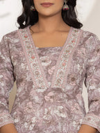 Yufta Mauve Floral Print Cotton Straight Kurta Dupatta Set | Grocsy