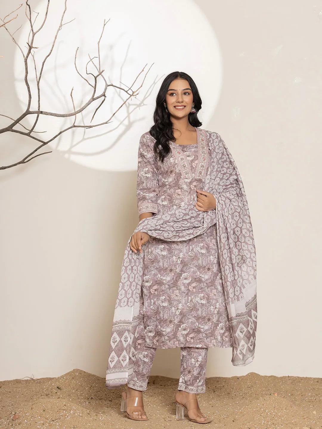 Yufta Mauve Floral Print Cotton Straight Kurta Dupatta Set | Grocsy
