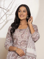 Yufta Mauve Floral Print Cotton Straight Kurta Dupatta Set | Grocsy