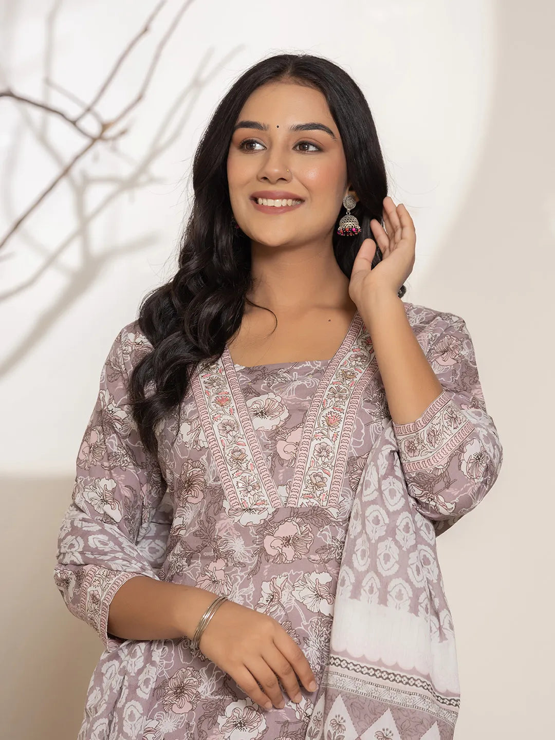 Yufta Mauve Floral Print Cotton Straight Kurta Dupatta Set | Grocsy