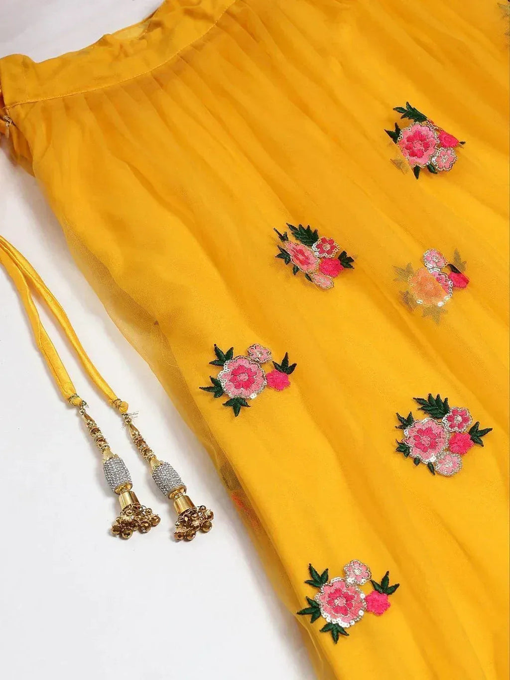 Tulsi Art Yellow & Pink Embroidered Semi-Stitched Myntra Lehenga & Unstitched Blouse With Dupatta | Grocsy