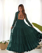 Joban Fashion Bottle Green Kurta Set Chanderi Sequence Embroidery Work | Grocsy