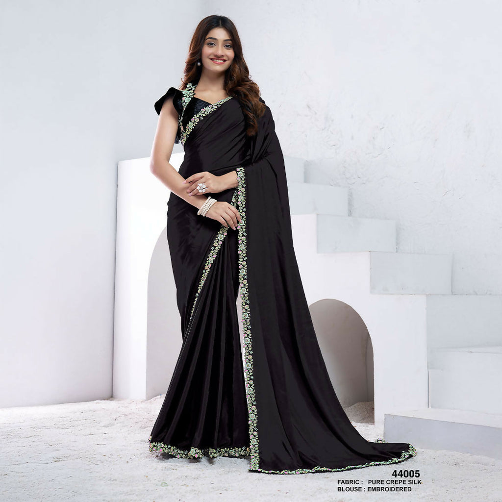 Black Pure Crepe Silk Diamond With Hand Work Saree With Unstitched Blouse - Norita Swaraa | Grocsy