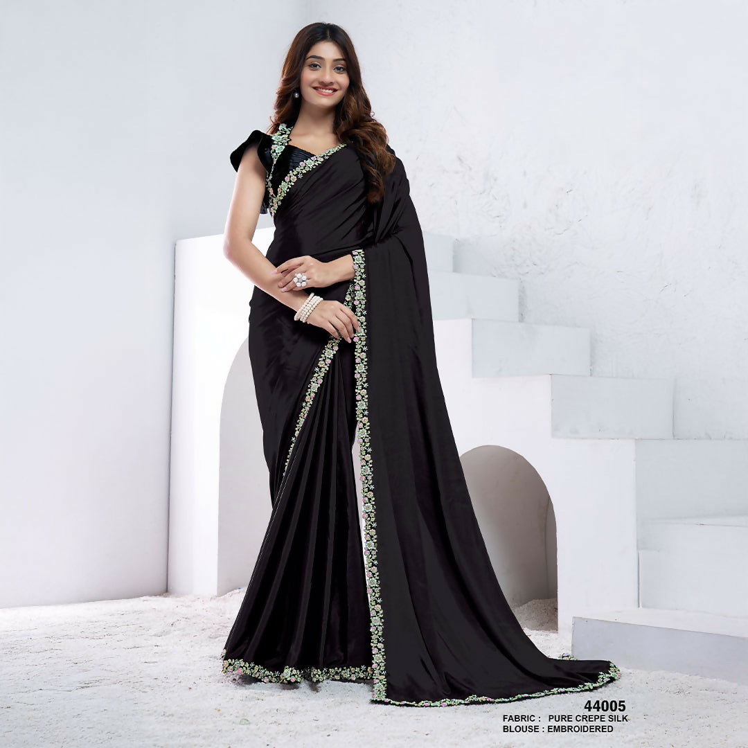 Black Pure Crepe Silk Diamond With Hand Work Saree With Unstitched Blouse - Norita Swaraa | Grocsy
