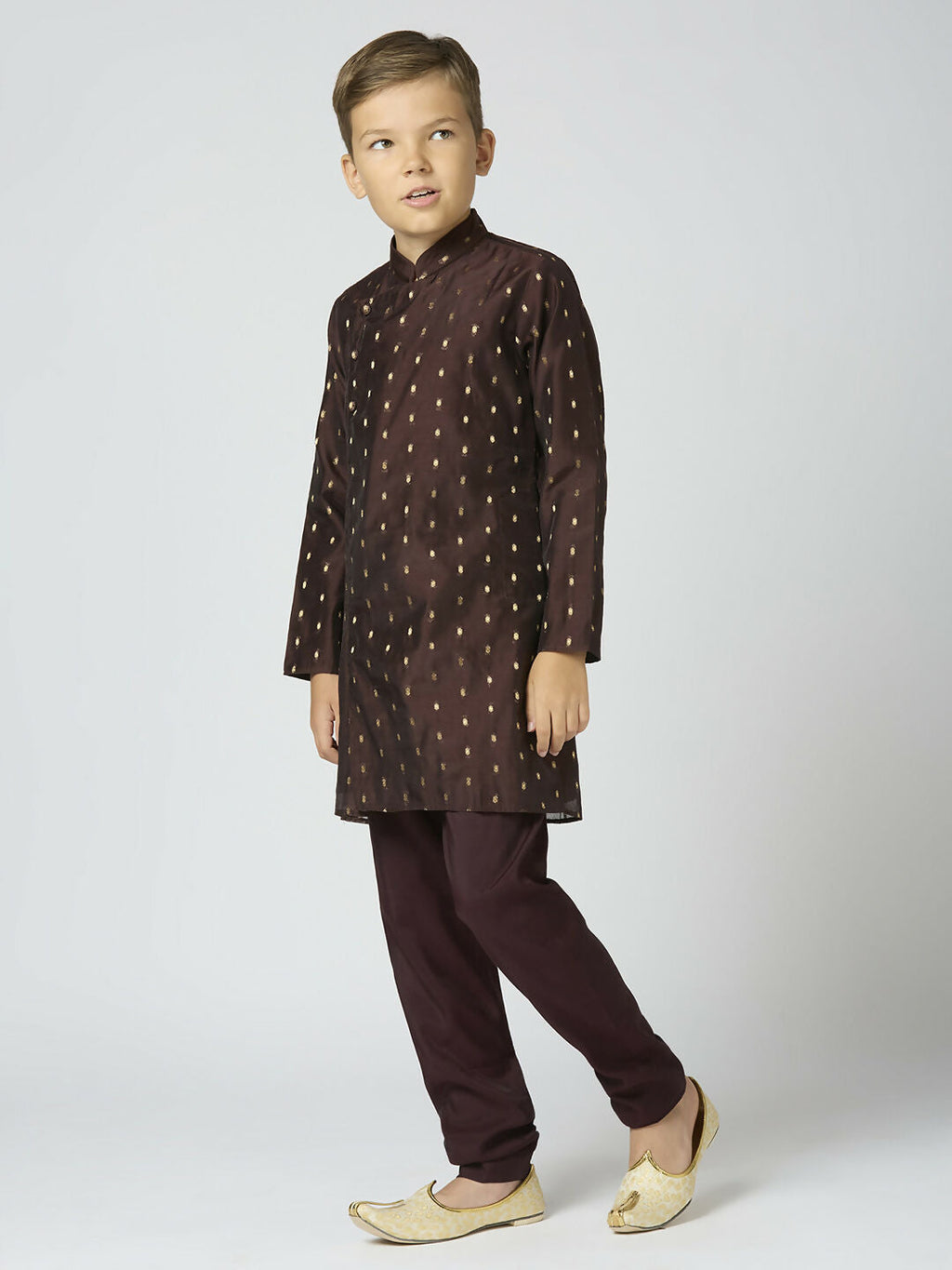 Joban Fashion Kids Island Full Sleeves Chanderi Kurta, Pyjama Set with Traditional Butta Work - Brown | Grocsy