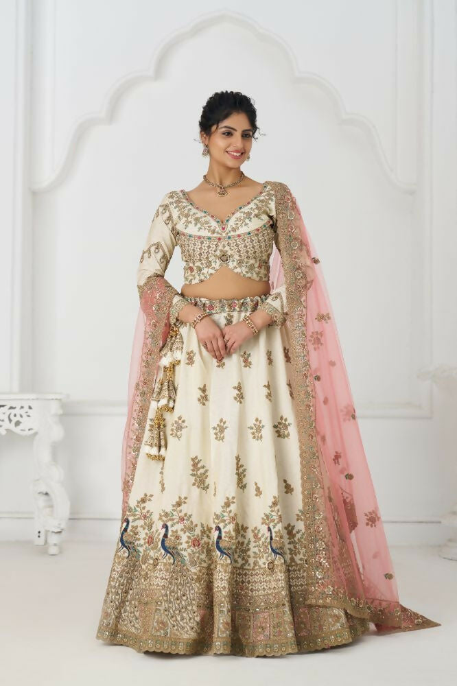 Kesar Fab White Zari Silk Hand_Woven Lehenga | Grocsy