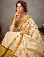 Off-White And Mustard Yellow Tusser Silk Zari And Sequins Embroidery Saree - Norita Arinya | Grocsy