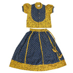 Mhyssa Block Printed Blue Ghagra Choli With Stand Collar & Puff Sleeves Set | Grocsy
