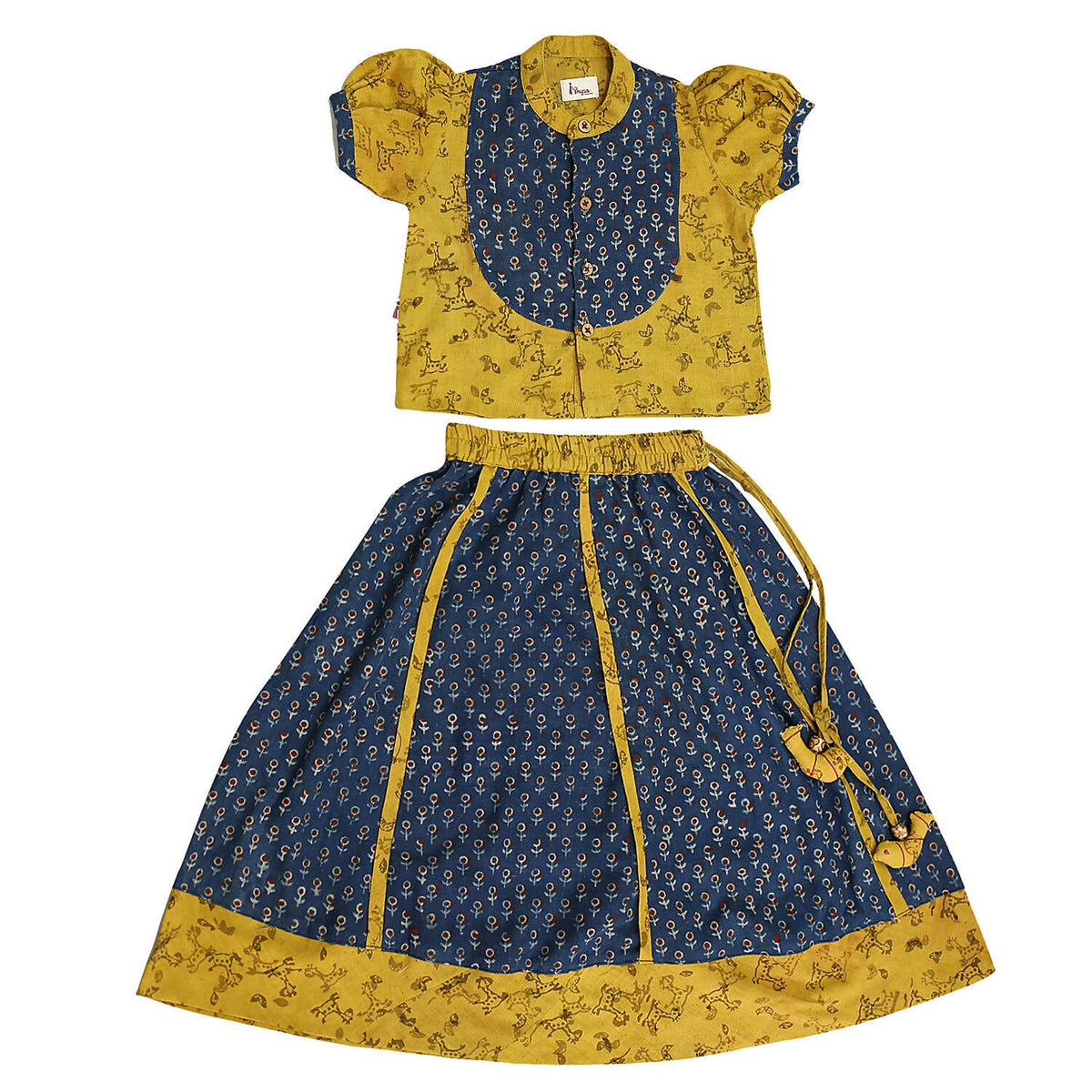Mhyssa Block Printed Blue Ghagra Choli With Stand Collar & Puff Sleeves Set | Grocsy