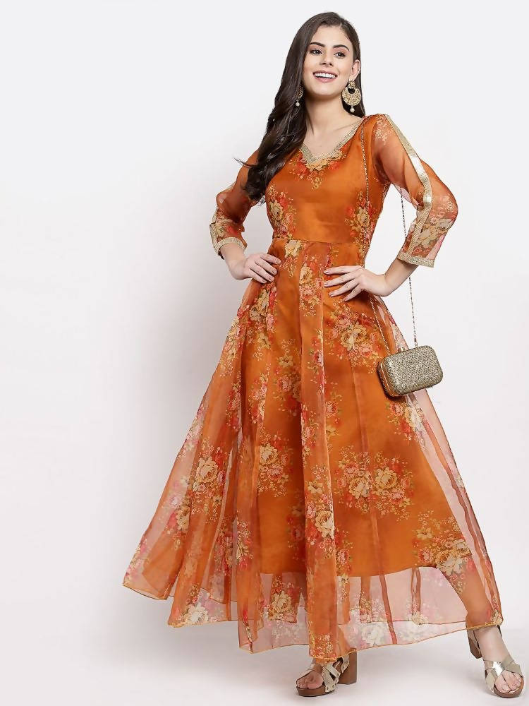Myshka Women's Brown Organza Printed 3/4 Sleeve V Neck Casual Anarkali Dress | Grocsy