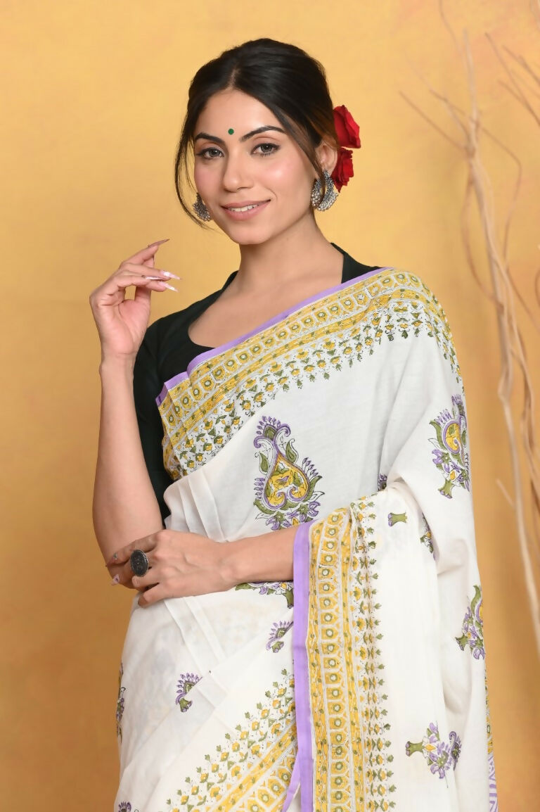 Very Much Indian Handblock Printed Cotton Saree With Natural Dyes - White | Grocsy