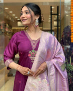 The52 Women's Beautiful Chanderi Fabric Embroidery Work Flared Kurta Pant and Dupatta Set | Grocsy