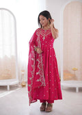 Teeya Creation Pink Color Roman Silk Embroidery Work Party Wear Gown | Grocsy