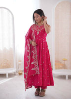 Teeya Creation Pink Color Roman Silk Embroidery Work Party Wear Gown | Grocsy