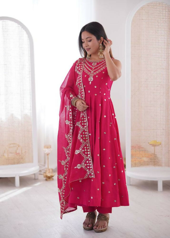 Teeya Creation Pink Color Roman Silk Embroidery Work Party Wear Gown | Grocsy