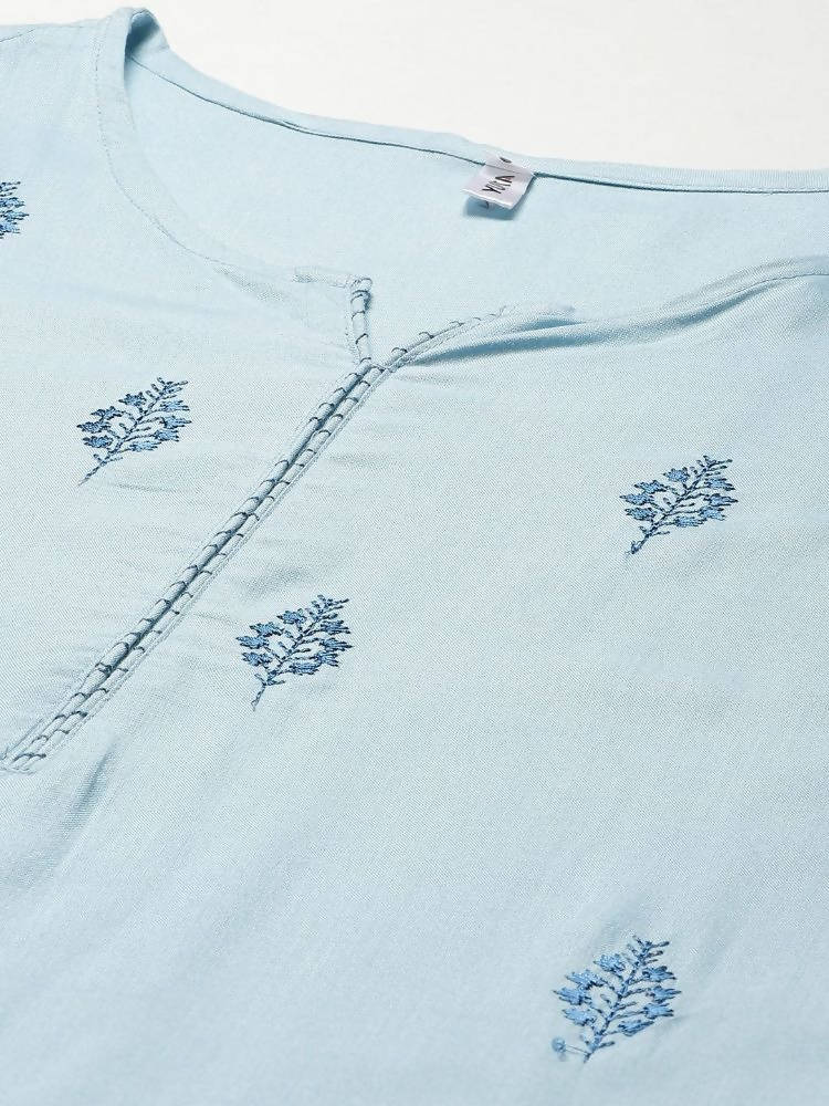 Yufta Women Blue Embroidered Thread Work Kurta with Palazzo & With Dupatta | Grocsy
