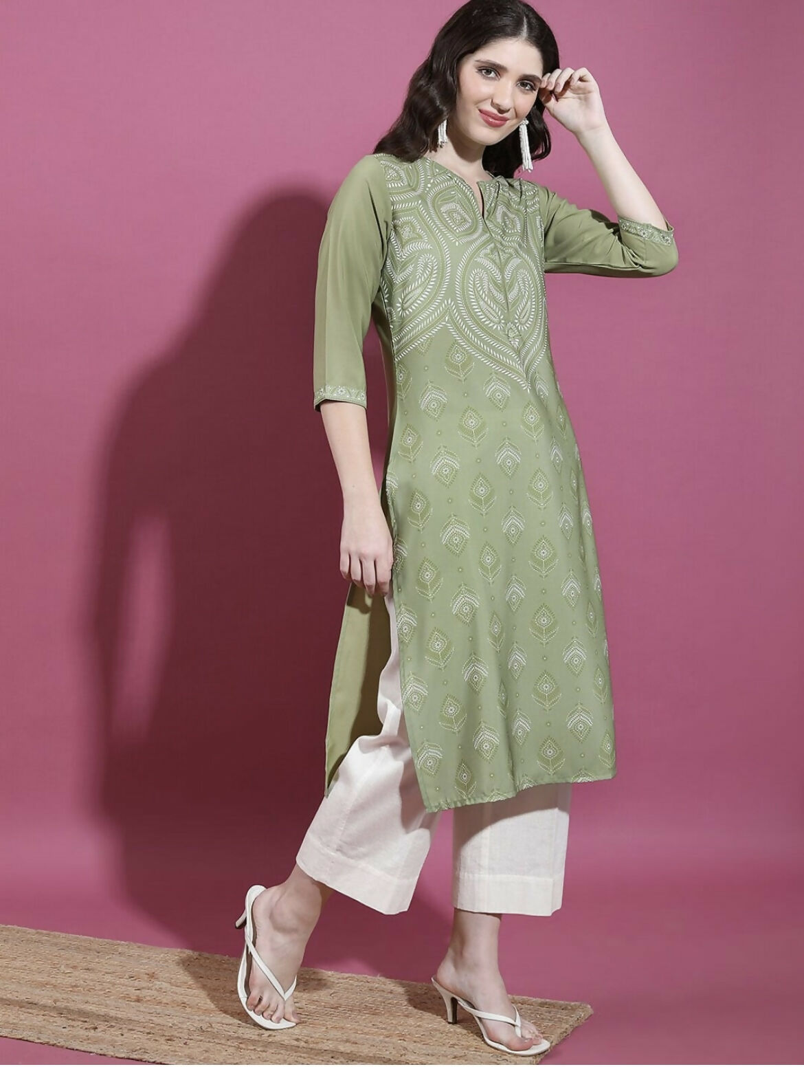 Cheera Women Stylish Hand Block Printed Cotton Blend Flared Kurta - Olive Green | Grocsy