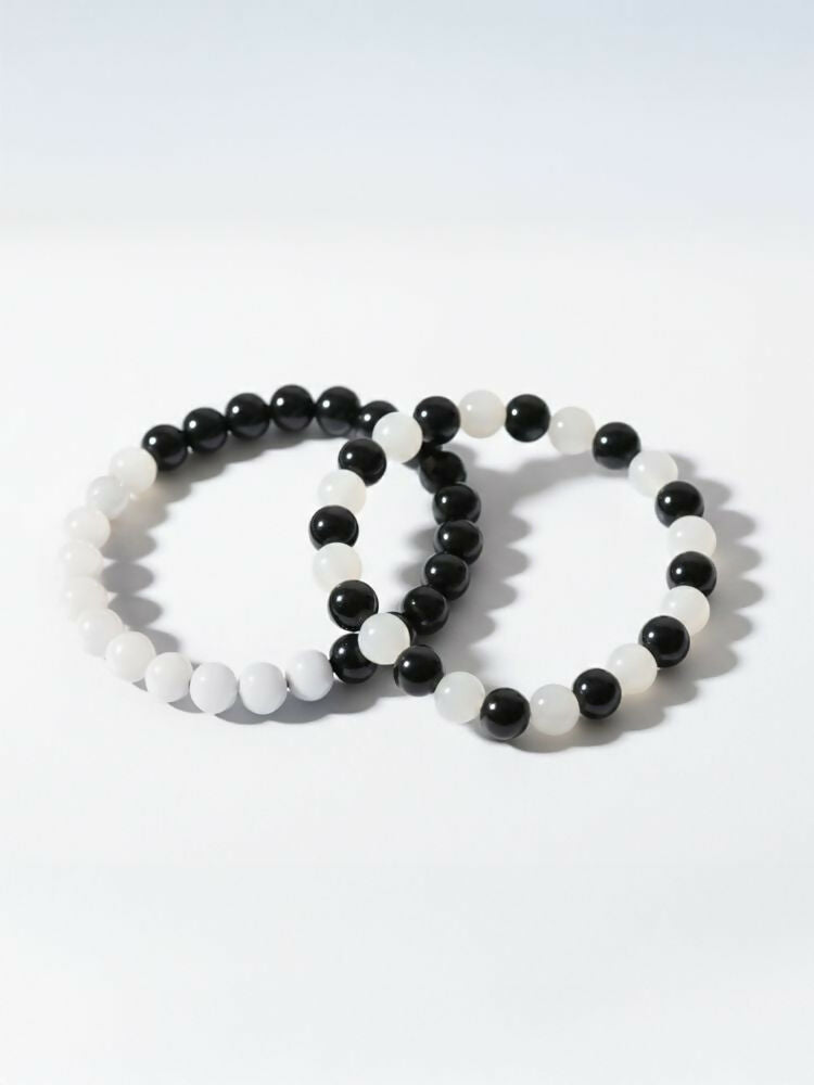 NVR Set of 2 Black & White crystal beaded Bracelet for Men & Women | Grocsy
