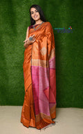 Very Much Indian Handwoven Raw Silk Dupion Saree - Orange With Pink Pallu | Grocsy