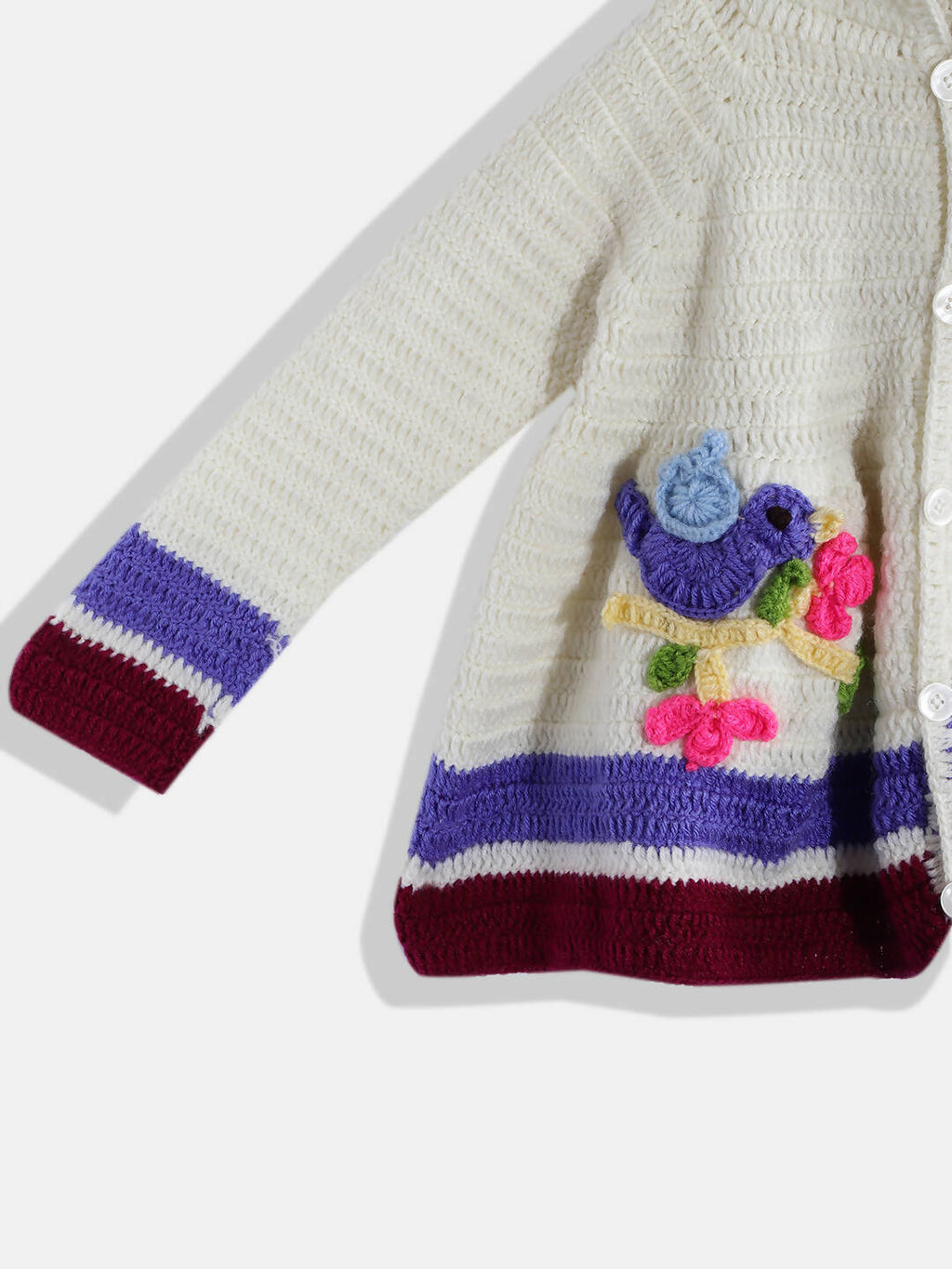 Chutput Kids Woollen Hand Knitted Full Sleeves Self Desgin Hoodie Dress For Baby Girls - Cream | Grocsy