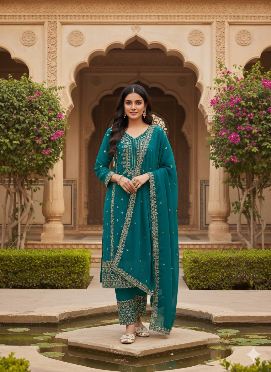 Teeya Creation Teal Color Faux Georgette Embroidery Work Party Wear Salwar Suit | Grocsy
