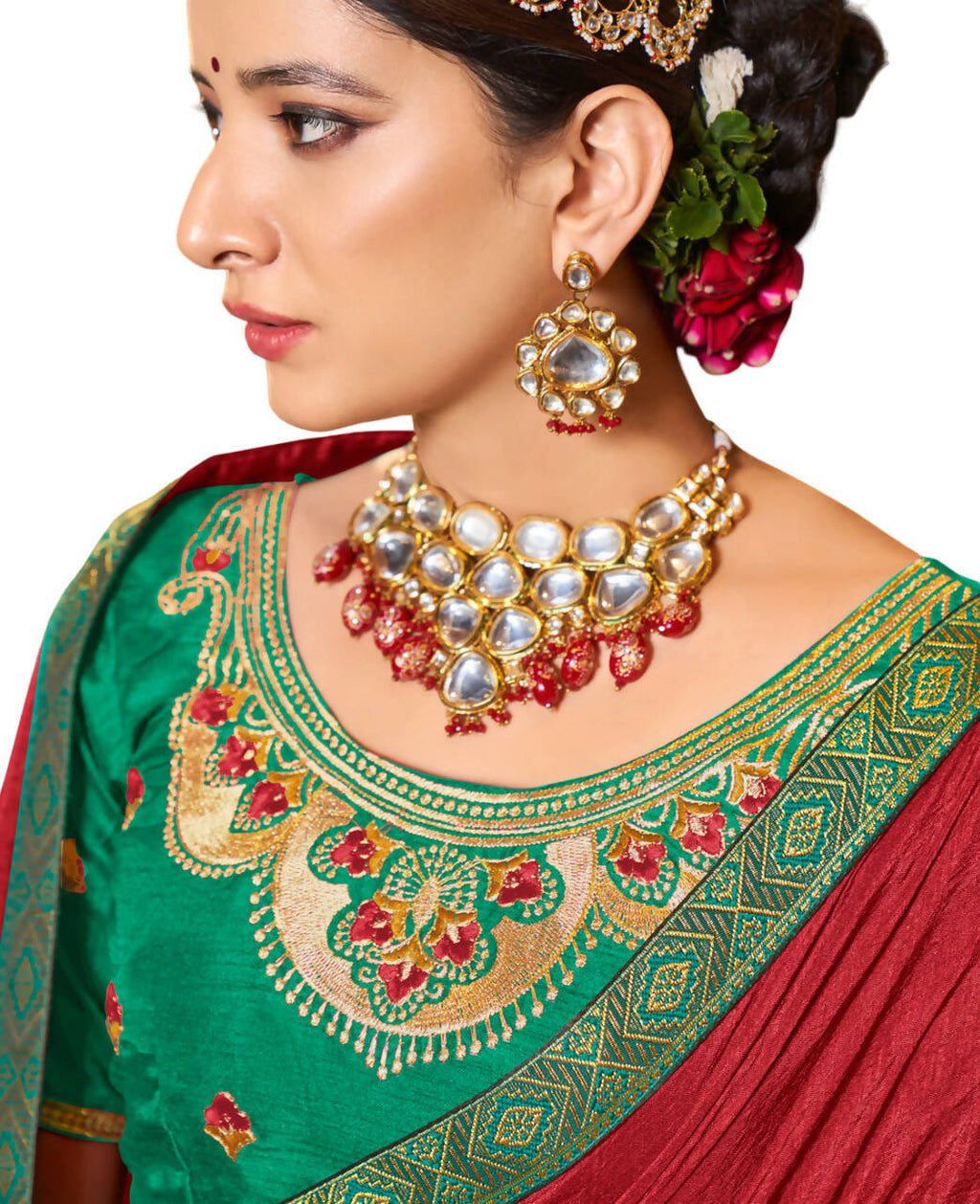 Red Solid Vichitra Saree With Unstitched Blouse Piece - Selena | Grocsy